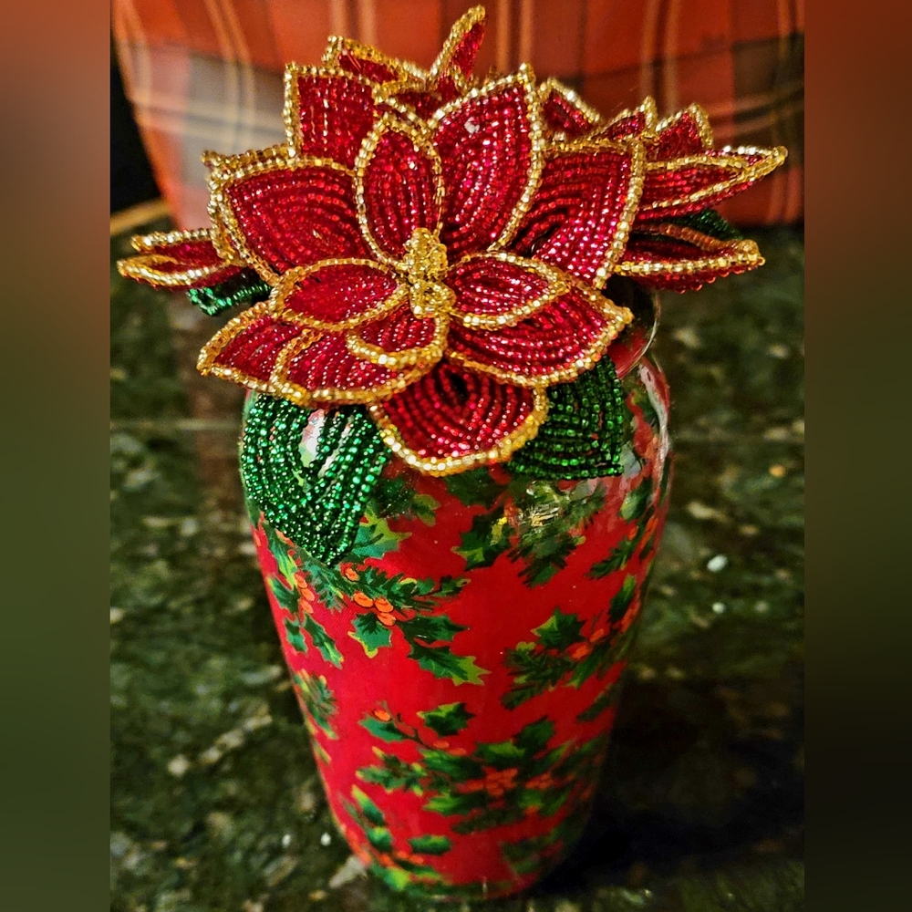 Festive Holiday Vase filled with French Beaded Flowers